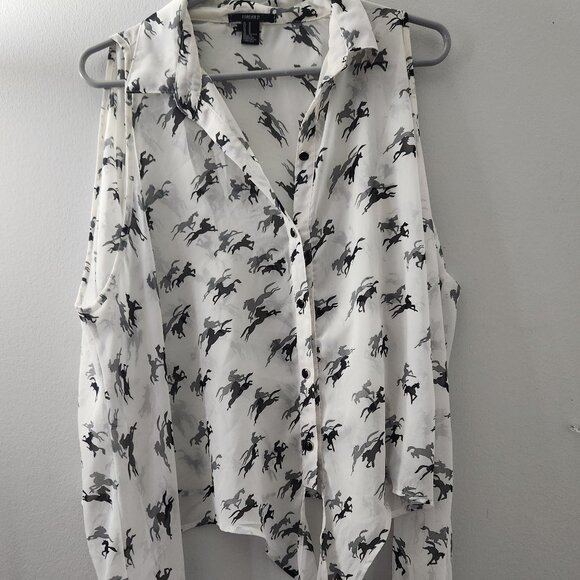 Forever 21 Open Shoulder sheer blouse with horse pattern - Picture 1 of 1